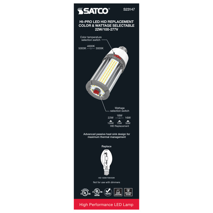SATCO/NUVO 16W/18W/22W Wattage Selectable LED HID Replacement CCT Selectable 3000K/4000K/5000K Medium Base 100-277V (S23147)