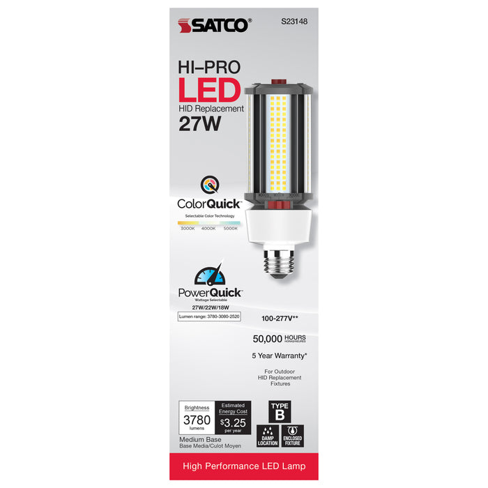 SATCO/NUVO 18W/22W/27W Wattage Selectable LED HID Replacement CCT Selectable 3000K/4000K/5000K Medium Base 100-277V (S23148)