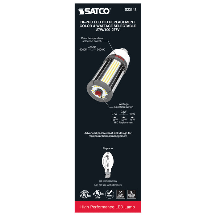 SATCO/NUVO 18W/22W/27W Wattage Selectable LED HID Replacement CCT Selectable 3000K/4000K/5000K Medium Base 100-277V (S23148)