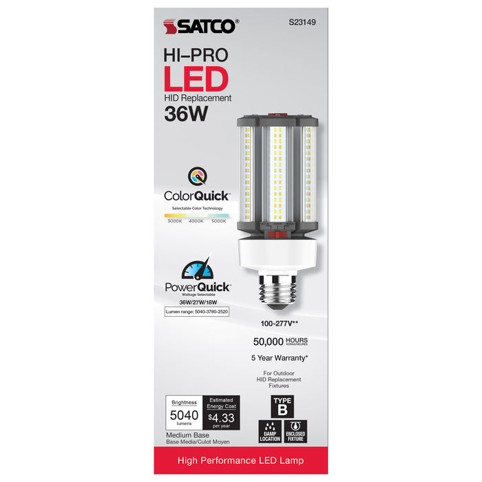 SATCO/NUVO 18W/27W/36W Wattage Selectable LED HID Replacement CCT Selectable 3000K/4000K/5000K Medium Base 100-277V (S23149)