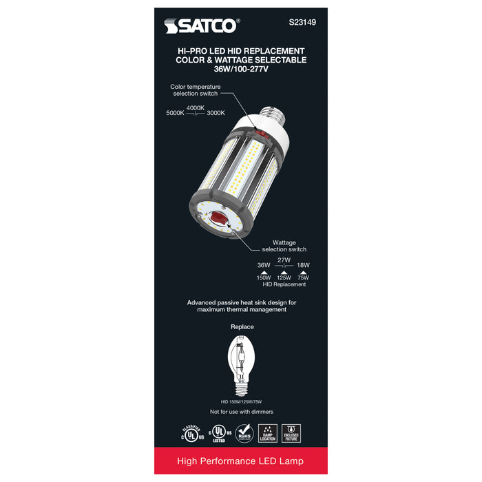SATCO/NUVO 18W/27W/36W Wattage Selectable LED HID Replacement CCT Selectable 3000K/4000K/5000K Medium Base 100-277V (S23149)