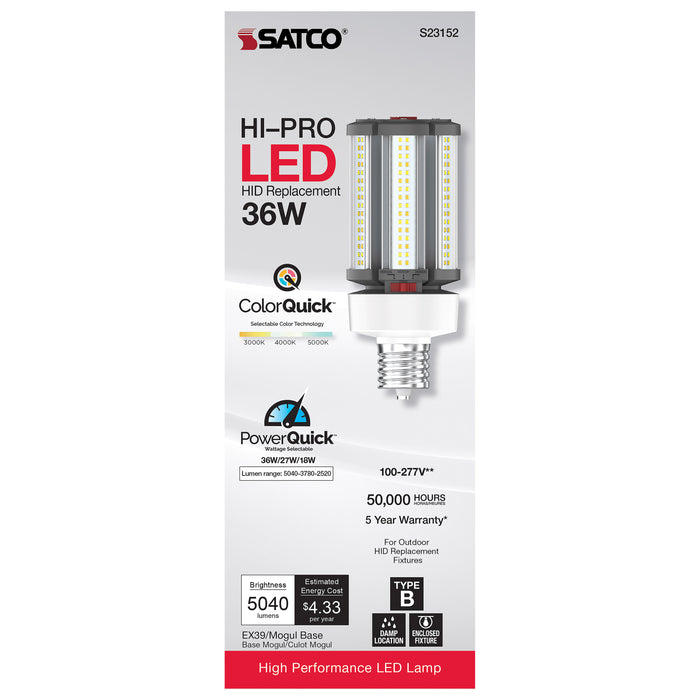 SATCO/NUVO 18W/27W/36W Wattage Selectable LED HID Replacement CCT Selectable 3000K/4000K/5000K Extended Mogul Base 100-277V (S23152)