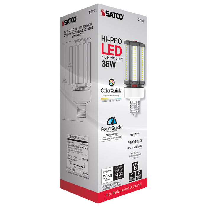 SATCO/NUVO 18W/27W/36W Wattage Selectable LED HID Replacement CCT Selectable 3000K/4000K/5000K Extended Mogul Base 100-277V (S23152)