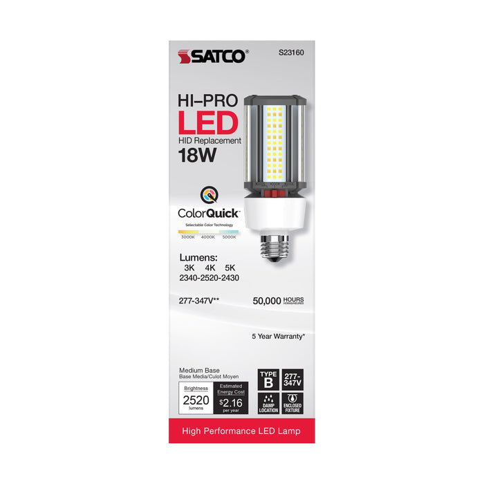 SATCO/NUVO 18W/LED/HID/CCT/E26 18W LED HID Replacement CCT Selectable 3000K/4000K/5000K Type B Ballast Bypass Medium E26 Base 277V-347V 80 CRI (S23160)
