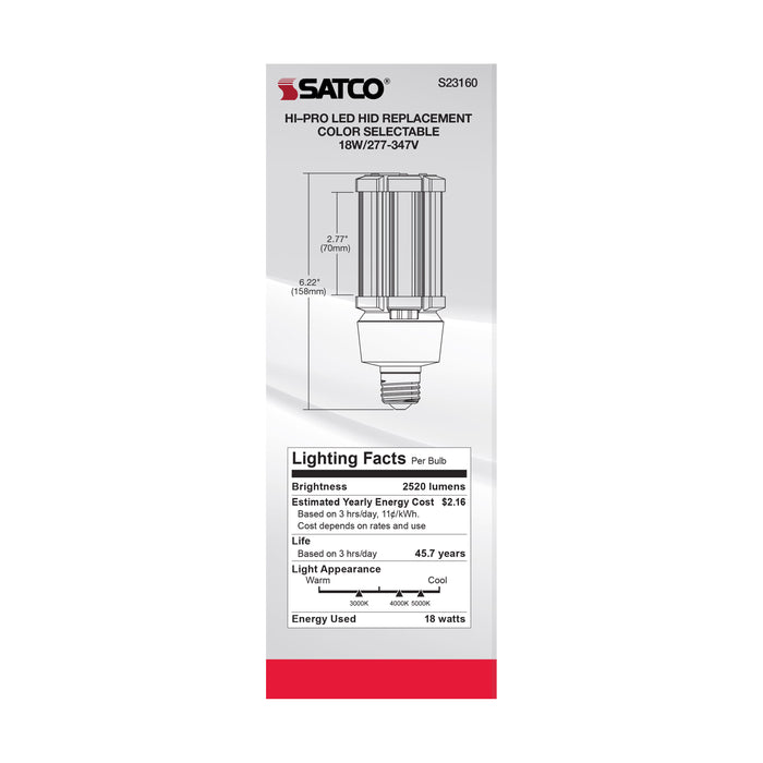 SATCO/NUVO 18W/LED/HID/CCT/E26 18W LED HID Replacement CCT Selectable 3000K/4000K/5000K Type B Ballast Bypass Medium E26 Base 277V-347V 80 CRI (S23160)