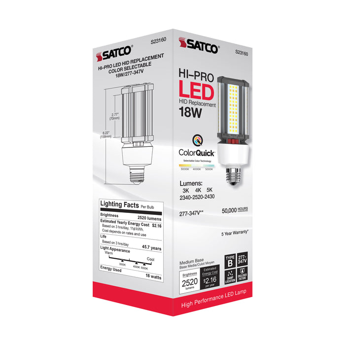 SATCO/NUVO 18W/LED/HID/CCT/E26 18W LED HID Replacement CCT Selectable 3000K/4000K/5000K Type B Ballast Bypass Medium E26 Base 277V-347V 80 CRI (S23160)