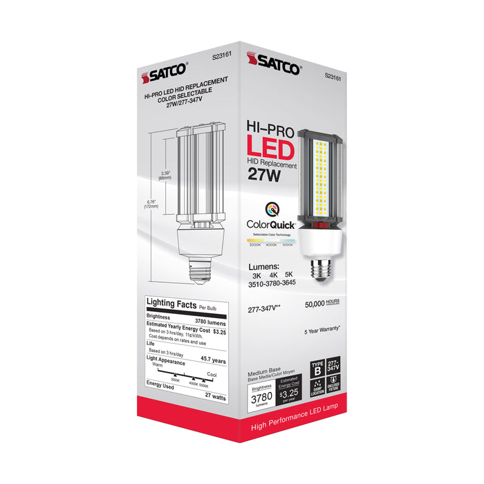 SATCO/NUVO 27W/LED/HID/CCT/E26 27W LED HID Replacement CCT Selectable 3000K/4000K/5000K Type B Ballast Bypass Medium E26 Base 277V-347V 80 CRI (S23161)