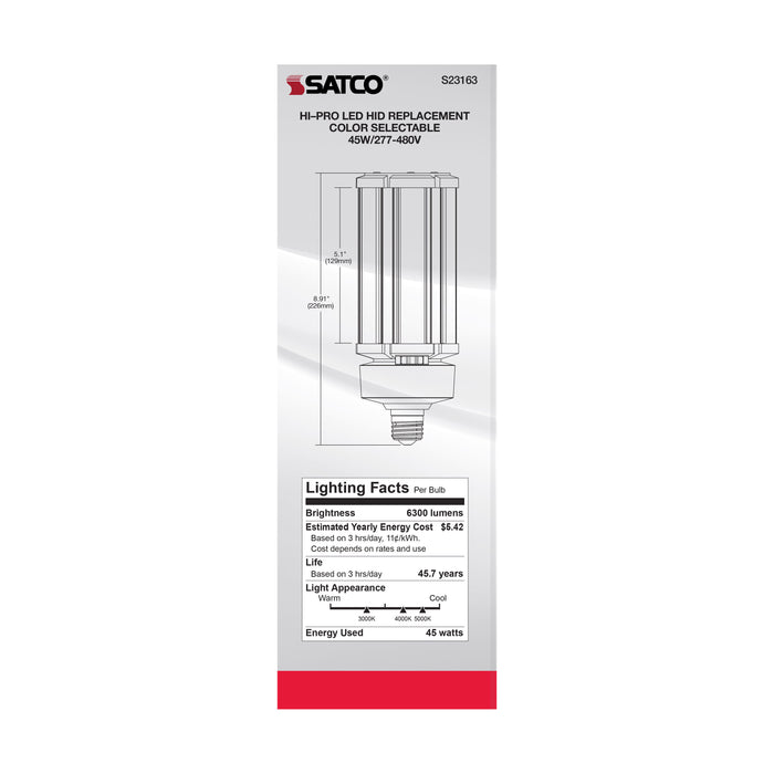 SATCO/NUVO 45W/LED/HID/CCT/E26 45W LED HID Replacement CCT Selectable 3000K/4000K/5000K Type B Ballast Bypass Medium E26 Base 277V-480V 80 CRI (S23163)