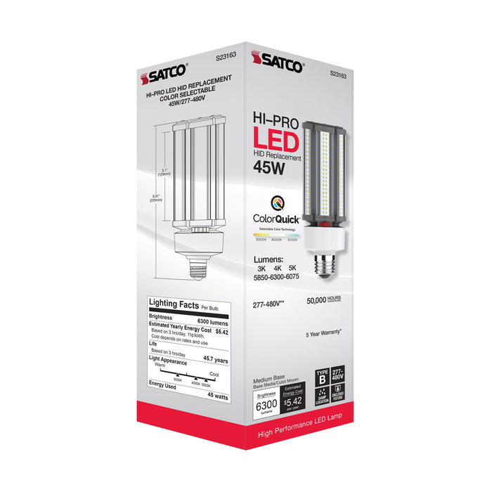 SATCO/NUVO 45W/LED/HID/CCT/E26 45W LED HID Replacement CCT Selectable 3000K/4000K/5000K Type B Ballast Bypass Medium E26 Base 277V-480V 80 CRI (S23163)