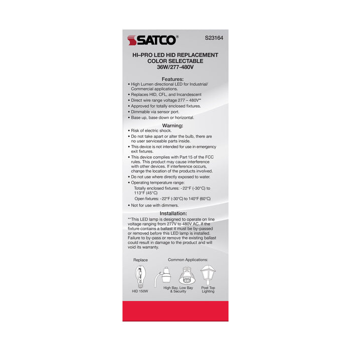 SATCO/NUVO 36W/LED/HID/CCT/EX39 36W LED HID Replacement CCT Selectable 3000K/4000K/5000K Type B Ballast Bypass Mogul Extended EX39 Base 80 CRI (S23164)