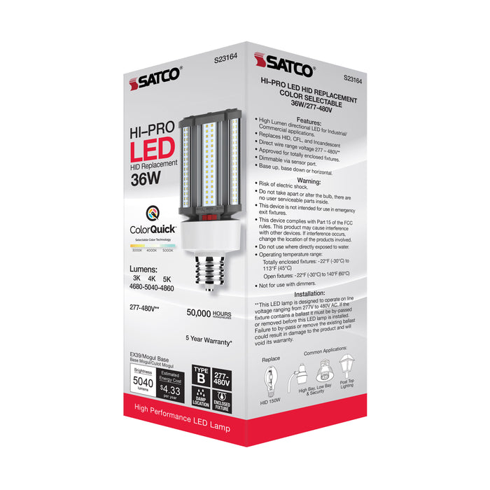 SATCO/NUVO 36W/LED/HID/CCT/EX39 36W LED HID Replacement CCT Selectable 3000K/4000K/5000K Type B Ballast Bypass Mogul Extended EX39 Base 80 CRI (S23164)