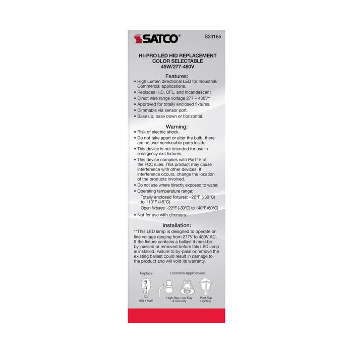 SATCO/NUVO 45W/LED/HID/CCT/EX39 45W LED HID Replacement CCT Selectable 3000K/4000K/5000K Type B Ballast Bypass Mogul Extended EX39 Base 80 CRI (S23165)