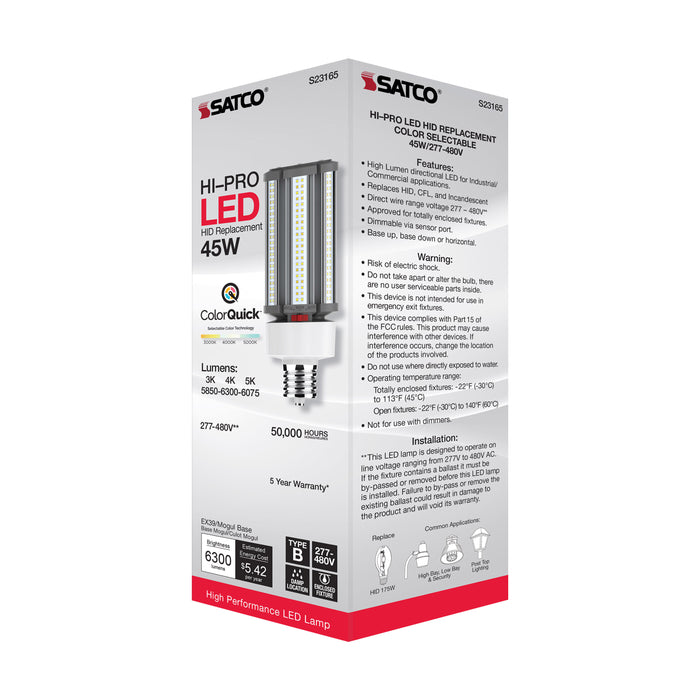 SATCO/NUVO 45W/LED/HID/CCT/EX39 45W LED HID Replacement CCT Selectable 3000K/4000K/5000K Type B Ballast Bypass Mogul Extended EX39 Base 80 CRI (S23165)