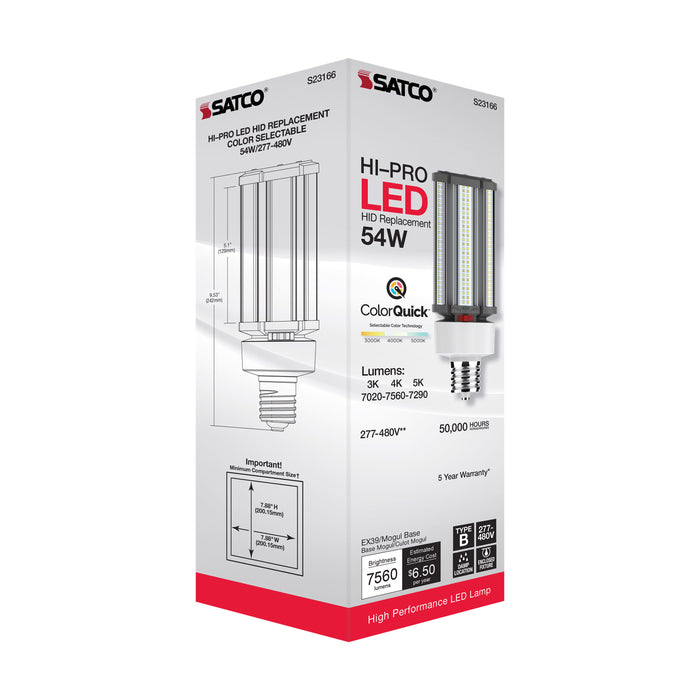 SATCO/NUVO 54W/LED/HID/CCT/EX39 54W LED HID Replacement CCT Selectable 3000K/4000K/5000K Type B Ballast Bypass Mogul Extended EX39 Base 80 CRI 277-480V (S23166)