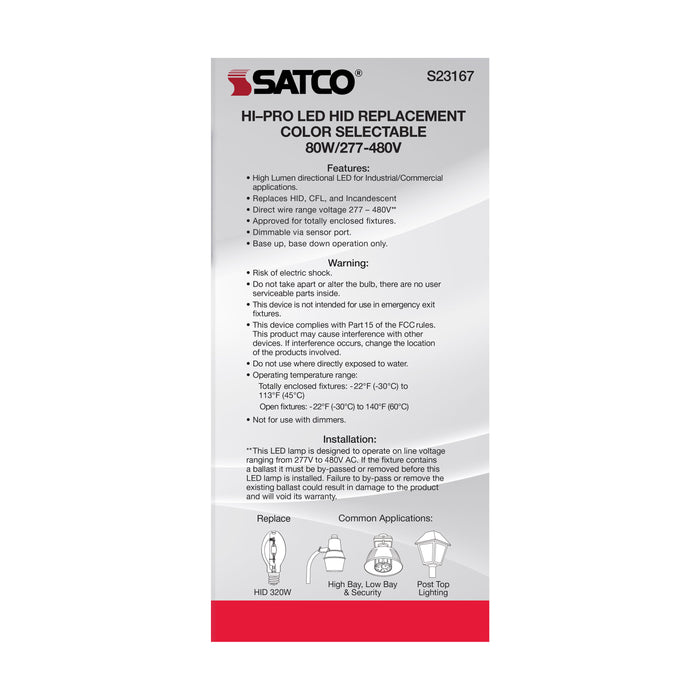 SATCO/NUVO 80W/LED/HID/CCT/EX39 80W LED HID Replacement CCT Selectable 3000K/4000K/5000K Type B Ballast Bypass Mogul Extended EX39 Base 80 CRI (S23167)