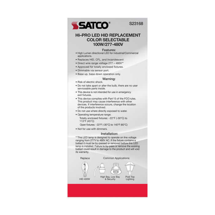 SATCO/NUVO 100W/LED/HID/CCT/EX39 100W LED HID Replacement CCT Selectable 3000K/4000K/5000K Type B Ballast Bypass Mogul Extended EX39 Base 80 CRI (S23168)