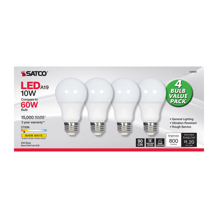 SATCO/NUVO 10W A19 LED Frosted 2700K Medium Base 120V 4-Pack (S28560)
