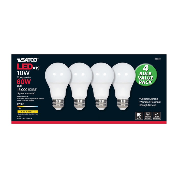 SATCO/NUVO 10W A19 LED Frosted 2700K Medium Base 120V 4-Pack (S28560)