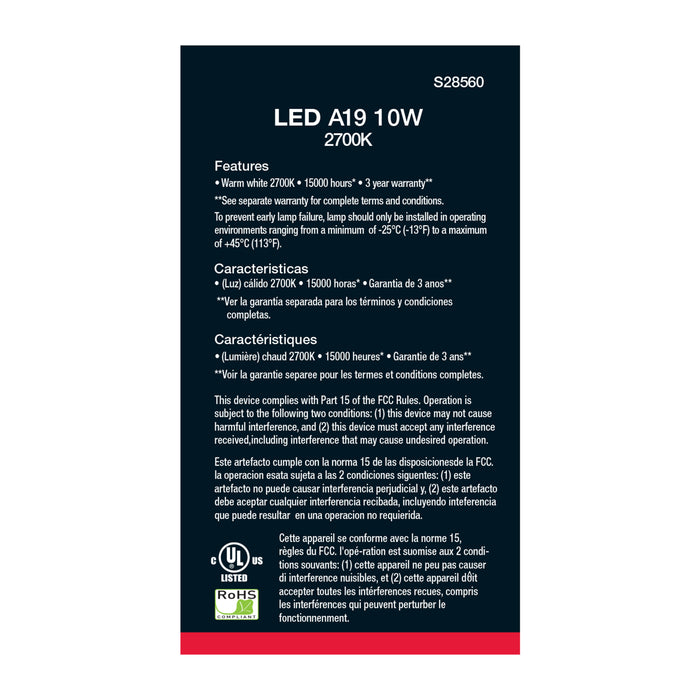 SATCO/NUVO 10W A19 LED Frosted 2700K Medium Base 120V 4-Pack (S28560)