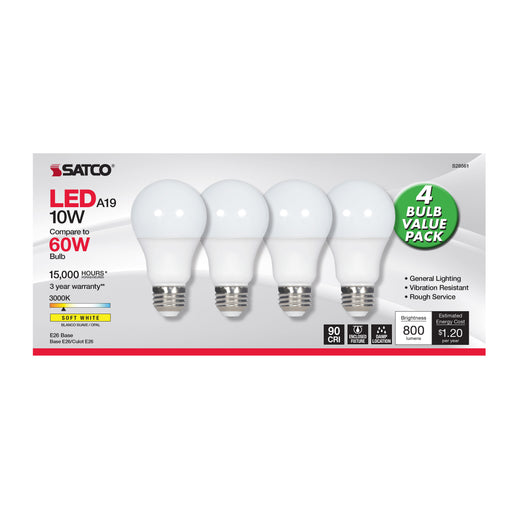 SATCO/NUVO 10W A19 LED Frosted 3000K Medium Base 120V 4-Pack (S28561)