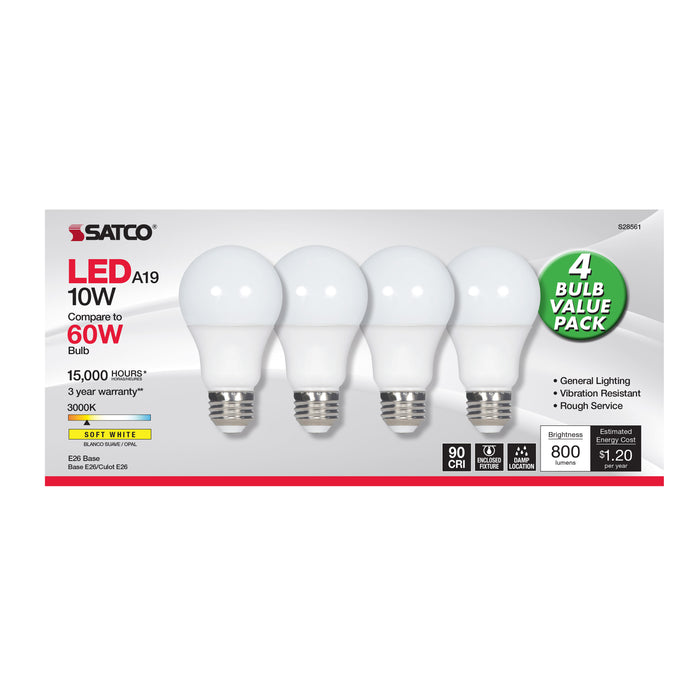 SATCO/NUVO 10W A19 LED Frosted 3000K Medium Base 120V 4-Pack (S28561)