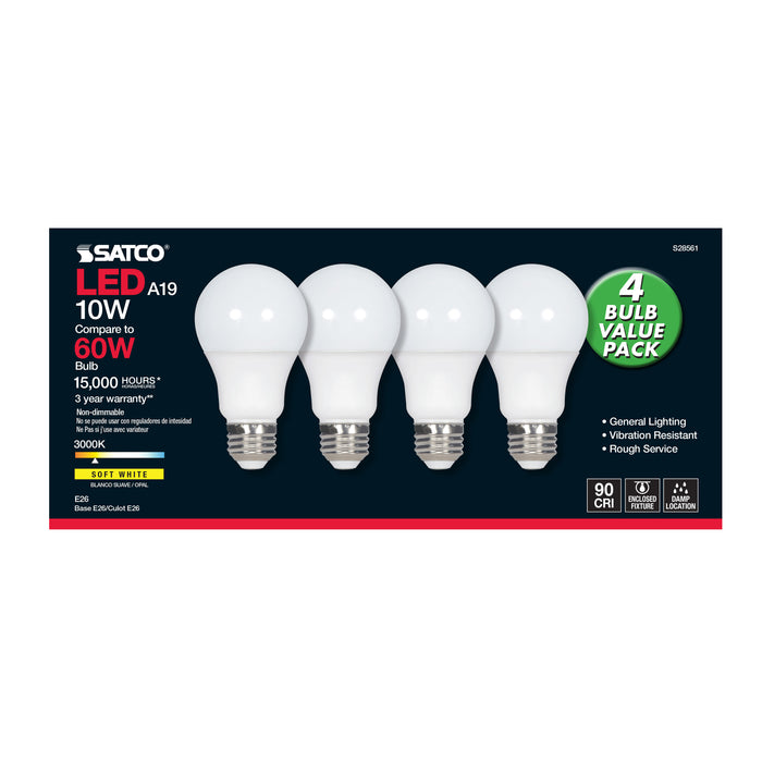 SATCO/NUVO 10W A19 LED Frosted 3000K Medium Base 120V 4-Pack (S28561)