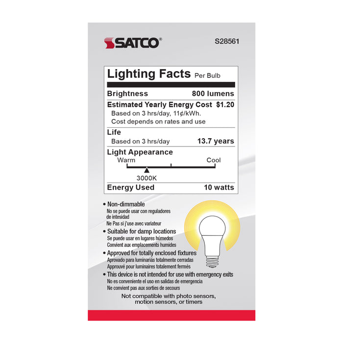 SATCO/NUVO 10W A19 LED Frosted 3000K Medium Base 120V 4-Pack (S28561)