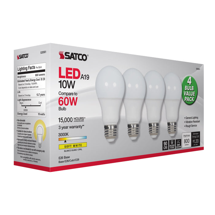 SATCO/NUVO 10W A19 LED Frosted 3000K Medium Base 120V 4-Pack (S28561)