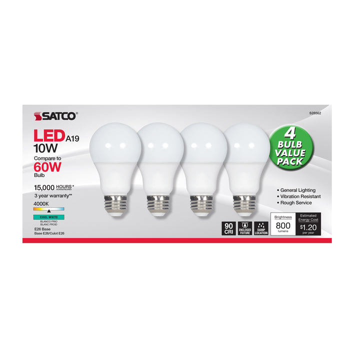 SATCO/NUVO 10W A19 LED Frosted 4000K Medium Base 120V 4-Pack (S28562)