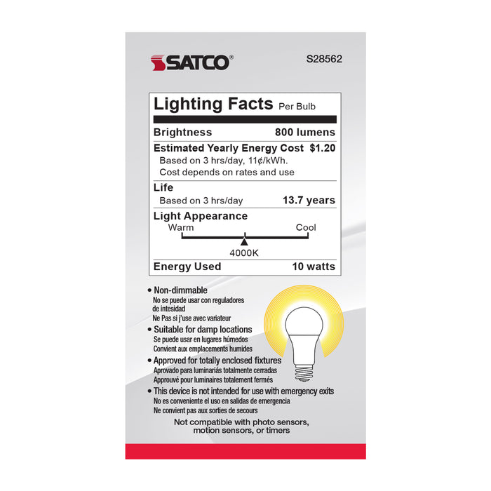 SATCO/NUVO 10W A19 LED Frosted 4000K Medium Base 120V 4-Pack (S28562)