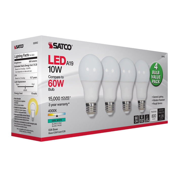 SATCO/NUVO 10W A19 LED Frosted 4000K Medium Base 120V 4-Pack (S28562)