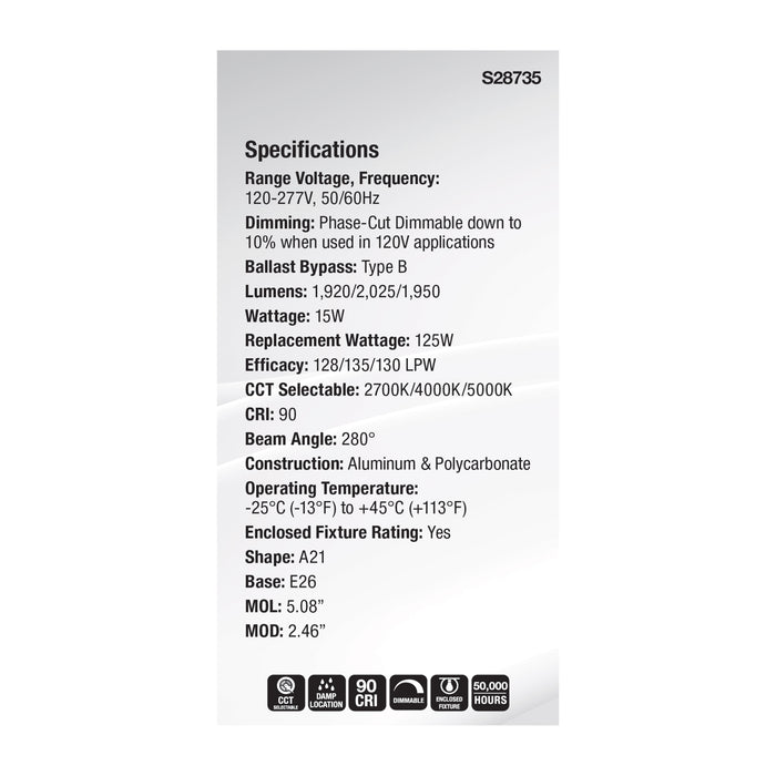 SATCO/NUVO 15W LED A21 High Lumen CCT Selectable 2700K/4000K/5000K Medium E26 Base 120-277V White (S28735)