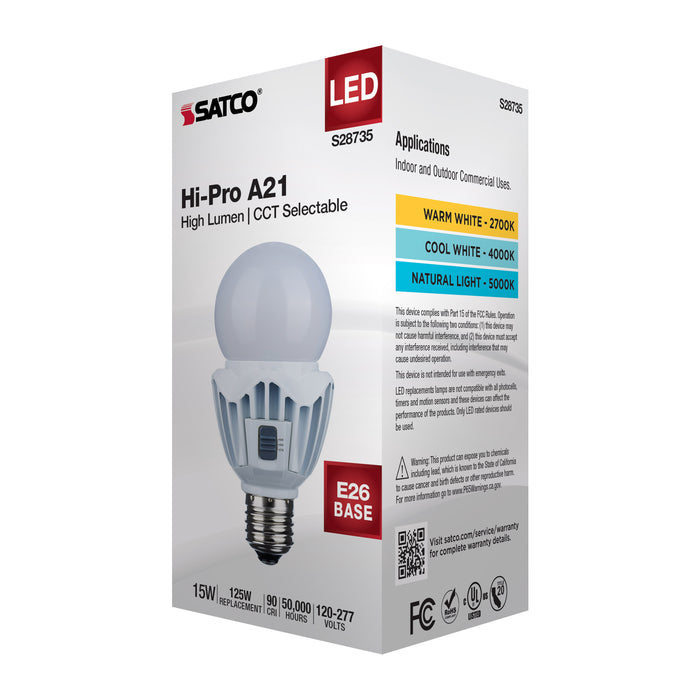 SATCO/NUVO 15W LED A21 High Lumen CCT Selectable 2700K/4000K/5000K Medium E26 Base 120-277V White (S28735)