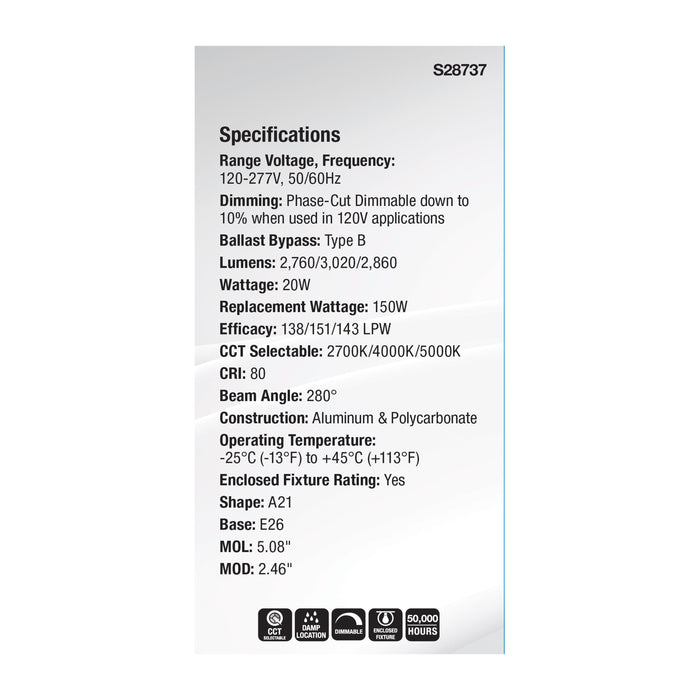 SATCO/NUVO 20W LED A21 High Lumen CCT Selectable 2700K/4000K/5000K 2760Lm/3020Lm/2860Lm 80 CRI 120-277V E26 Base (S28737)