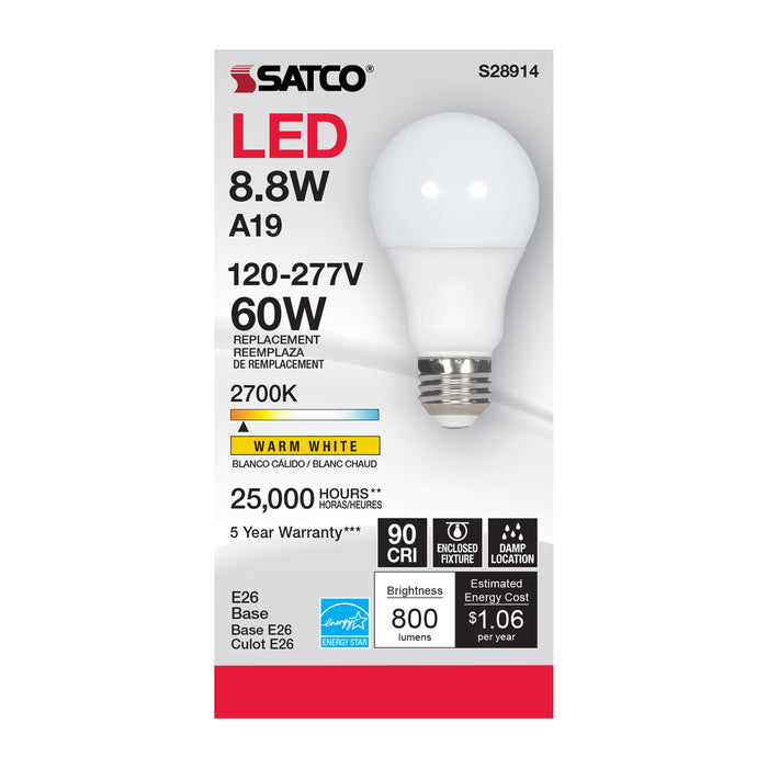 SATCO/NUVO 8.8W A19 LED 2700K Medium Base 220 Degree Beam Angle 120-277V (S28914)