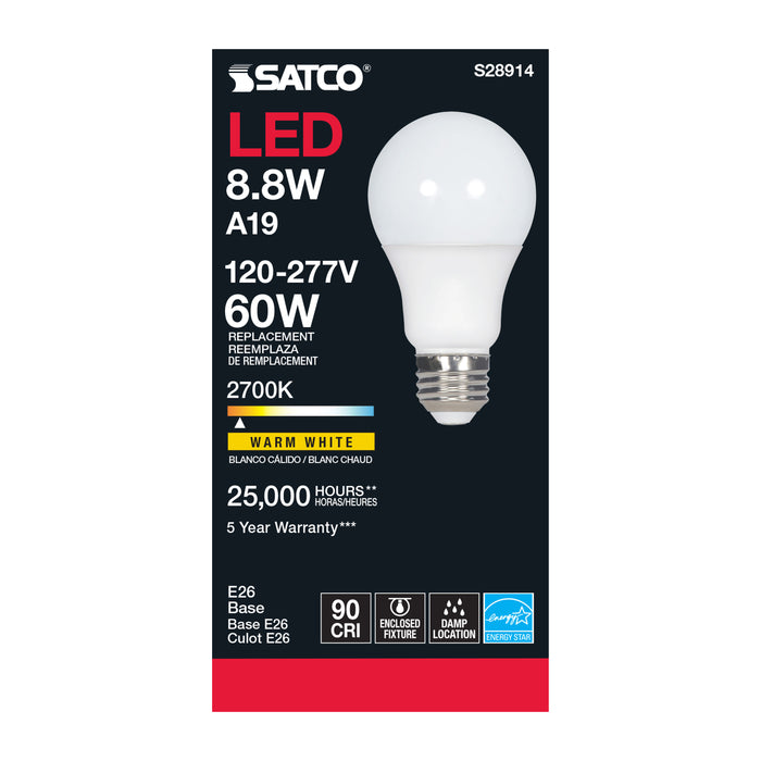 SATCO/NUVO 8.8W A19 LED 2700K Medium Base 220 Degree Beam Angle 120-277V (S28914)