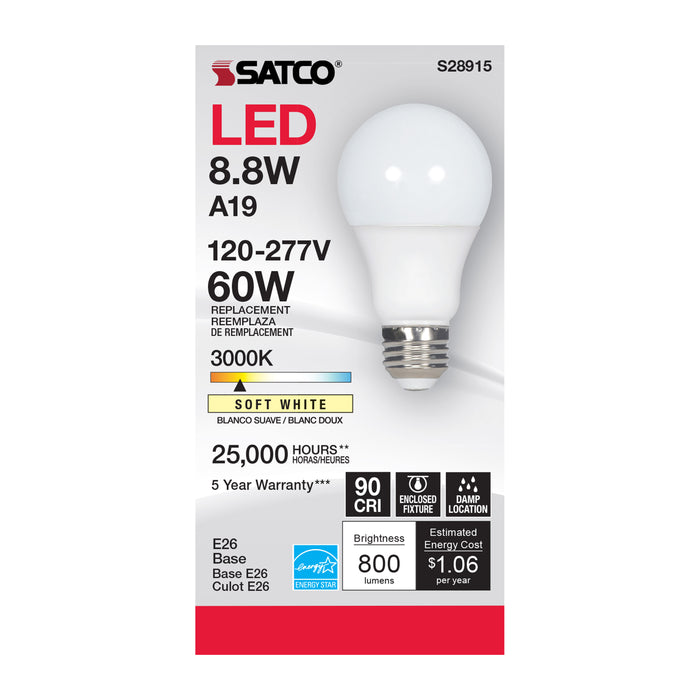 SATCO/NUVO 8.8W A19 LED 3000K Medium Base 220 Degree Beam Angle 120-277V (S28915)