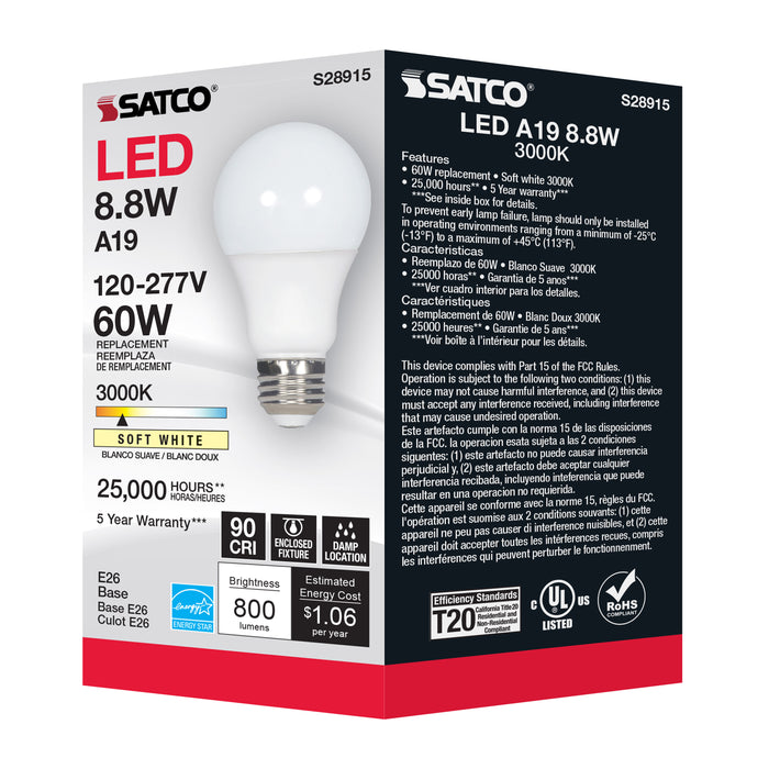 SATCO/NUVO 8.8W A19 LED 3000K Medium Base 220 Degree Beam Angle 120-277V (S28915)