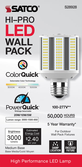 SATCO/NUVO 5W/10W/20W Wattage Selectable LED Hi-Pro Wall Pack CCT Selectable 3000K/4000K/5000K Medium Base 100-277V (S28928)