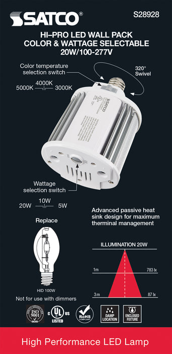 SATCO/NUVO 5W/10W/20W Wattage Selectable LED Hi-Pro Wall Pack CCT Selectable 3000K/4000K/5000K Medium Base 100-277V (S28928)
