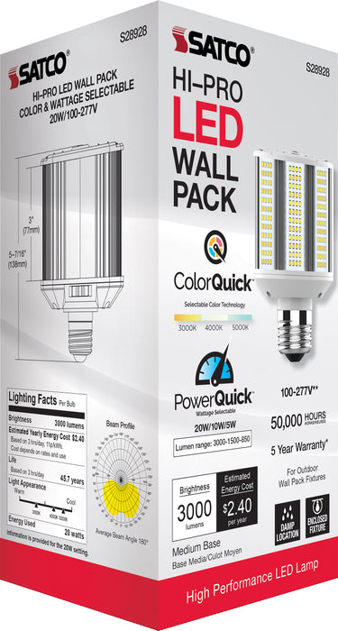 SATCO/NUVO 5W/10W/20W Wattage Selectable LED Hi-Pro Wall Pack CCT Selectable 3000K/4000K/5000K Medium Base 100-277V (S28928)