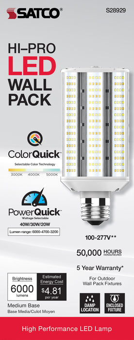 SATCO/NUVO 20W/30W/40W Wattage Selectable LED Hi-Pro Wall Pack CCT Selectable 3000K/4000K/5000K Medium Base 100-277V (S28929)