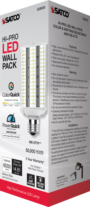 SATCO/NUVO 20W/30W/40W Wattage Selectable LED Hi-Pro Wall Pack CCT Selectable 3000K/4000K/5000K Medium Base 100-277V (S28929)