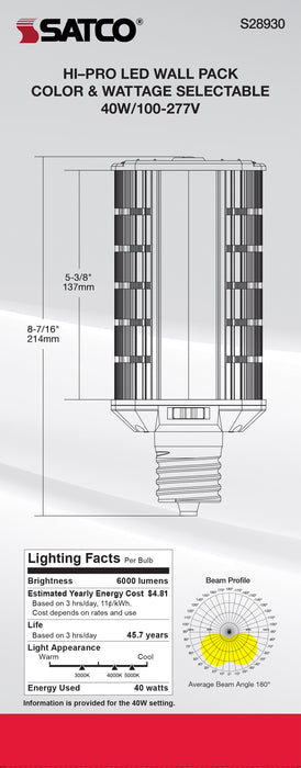 SATCO/NUVO 20W/30W/40W Wattage Selectable LED Hi-Pro Wall Pack CCT Selectable 3000K/4000K/5000K Extended Mogul Base 100-277V (S28930)