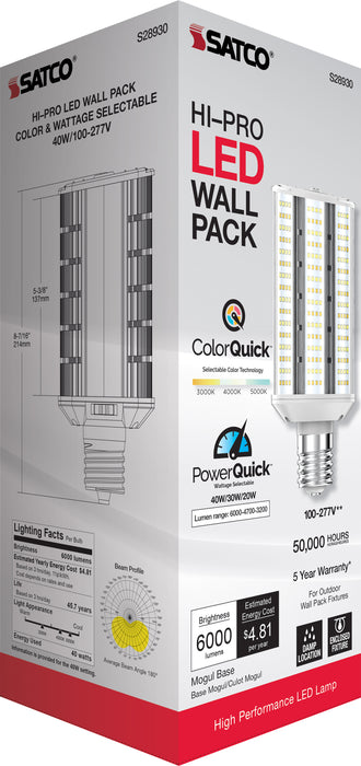 SATCO/NUVO 20W/30W/40W Wattage Selectable LED Hi-Pro Wall Pack CCT Selectable 3000K/4000K/5000K Extended Mogul Base 100-277V (S28930)