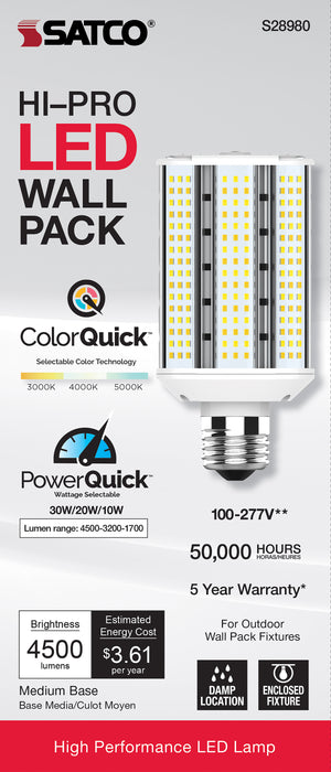 SATCO/NUVO 10W/20W/30W Wattage Selectable LED Hi-Pro Wall Pack CCT Selectable 3000K/4000K/5000K Medium Base 100-277V (S28980)