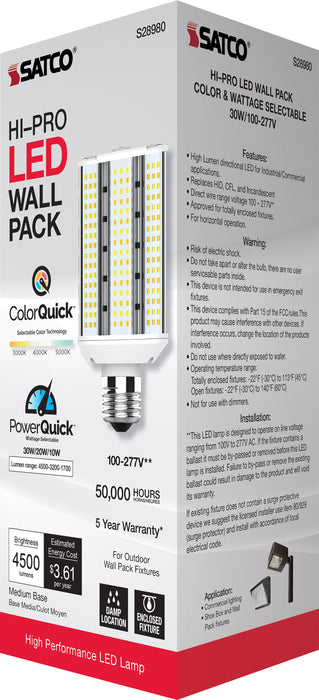 SATCO/NUVO 10W/20W/30W Wattage Selectable LED Hi-Pro Wall Pack CCT Selectable 3000K/4000K/5000K Medium Base 100-277V (S28980)