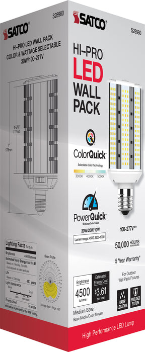 SATCO/NUVO 10W/20W/30W Wattage Selectable LED Hi-Pro Wall Pack CCT Selectable 3000K/4000K/5000K Medium Base 100-277V (S28980)