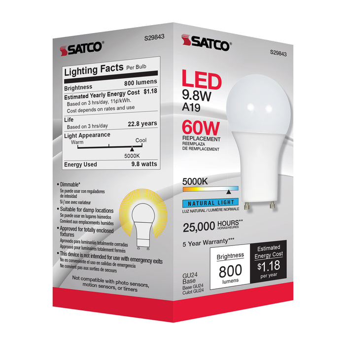 SATCO/NUVO 9.8W A19 LED 5000K GU24 Base 220 Degree Beam Spread 120V (S29843)