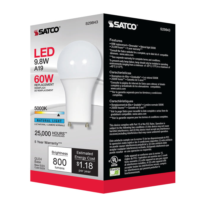 SATCO/NUVO 9.8W A19 LED 5000K GU24 Base 220 Degree Beam Spread 120V (S29843)